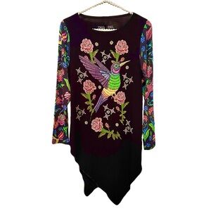AY GUEY Mexico Hummingbird Floral Bright Colorful Long Sleeve Top